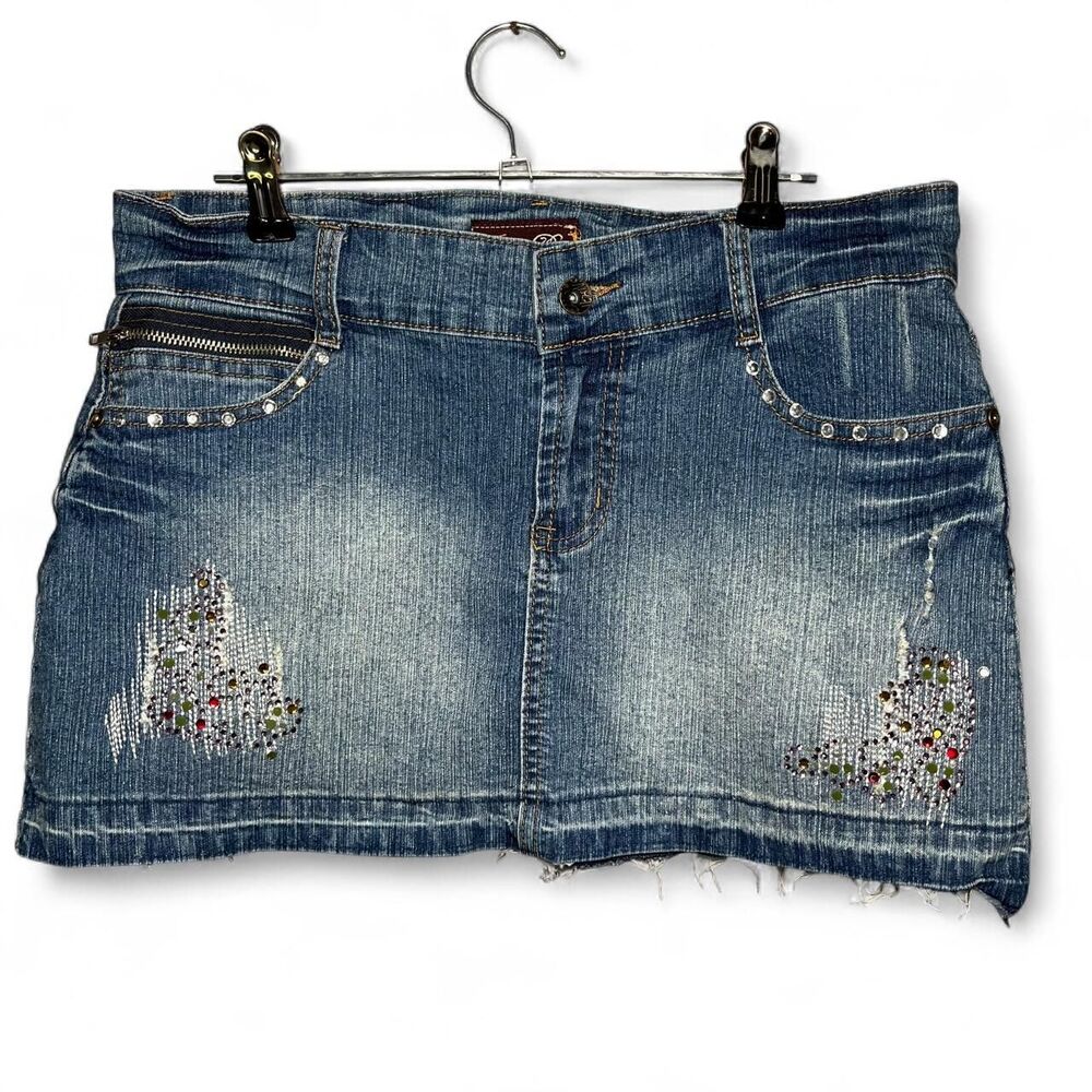 Y2K Blue Denim Mini Skirt Rhinestones Jewels Size 9 Waist 32” Frayed Hem